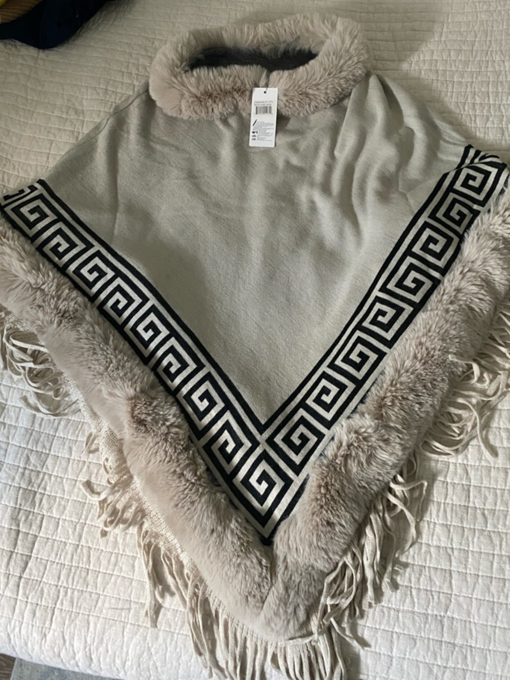 Faux Fur Trim Ivory Poncho with Geometric Border